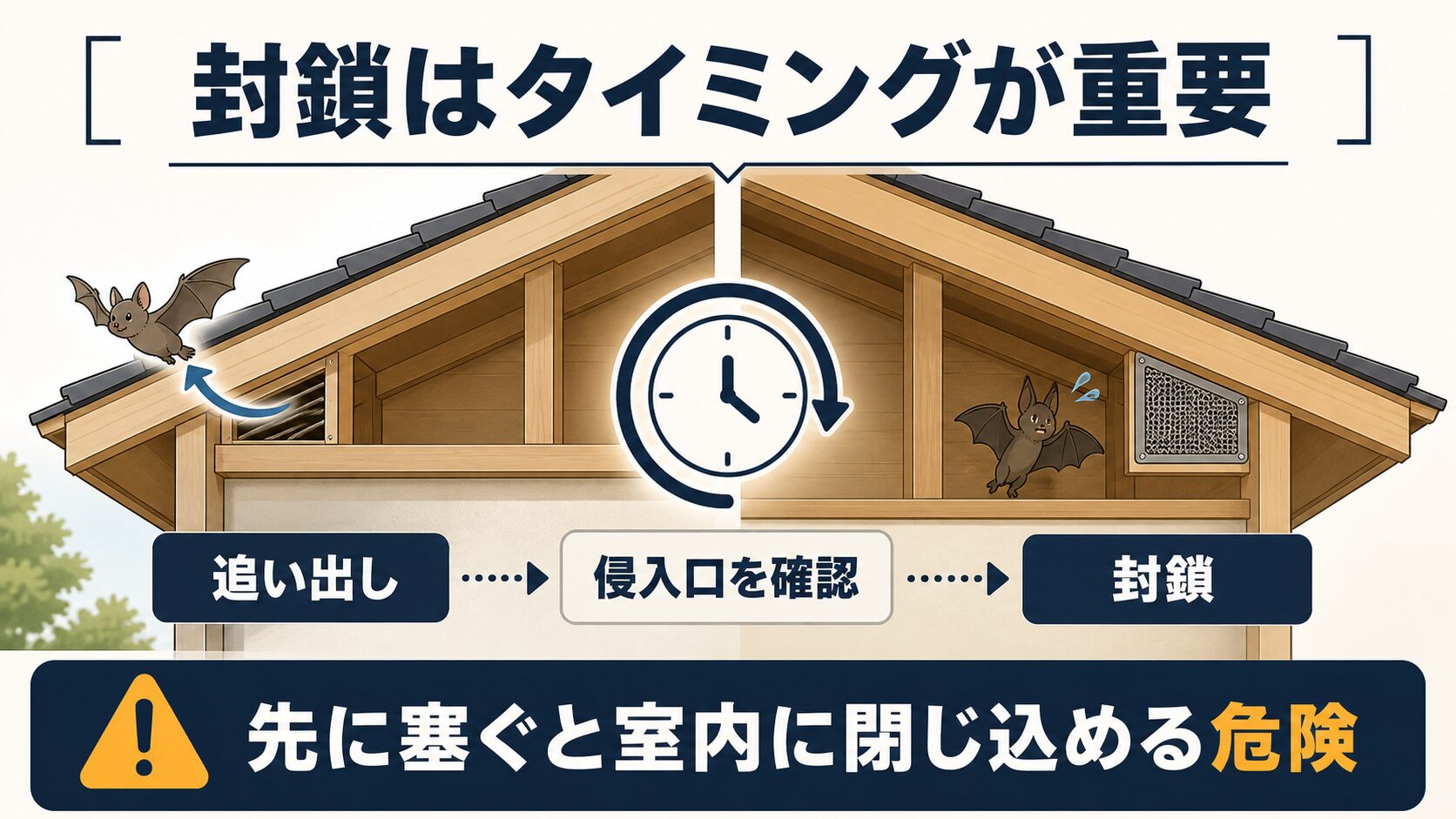 アブラコウモリを室内に閉じ込めないための侵入口封鎖のタイミング