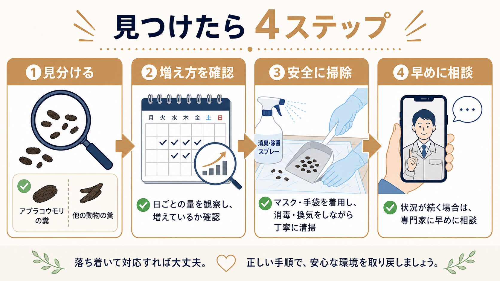 アブラコウモリの糞を見つけたときの対応4ステップ