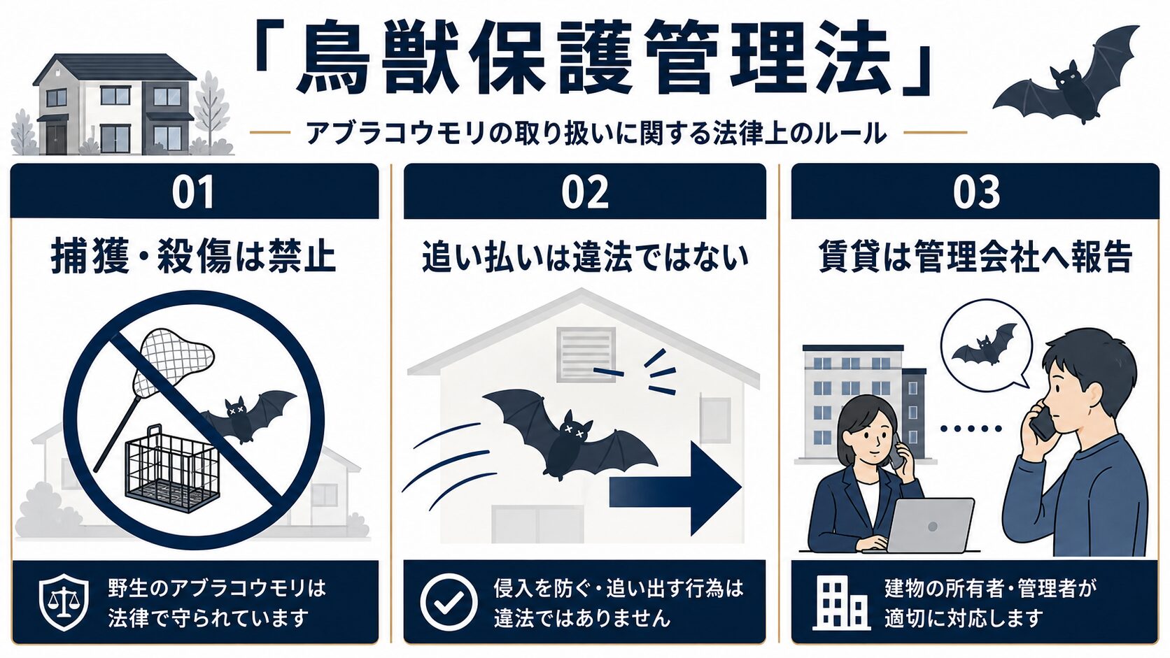 アブラコウモリの捕獲や追い払いに関する鳥獣保護管理法の注意点
