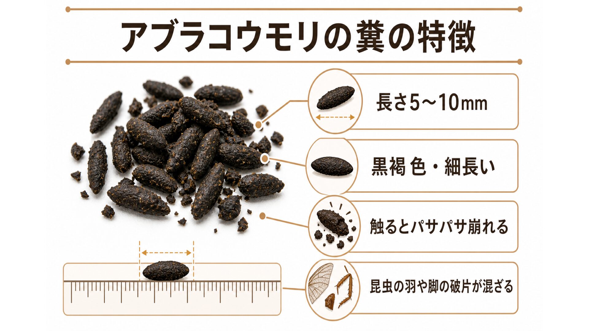 アブラコウモリの糞の特徴(長さ5〜10mm・黒褐色・崩れやすさ)