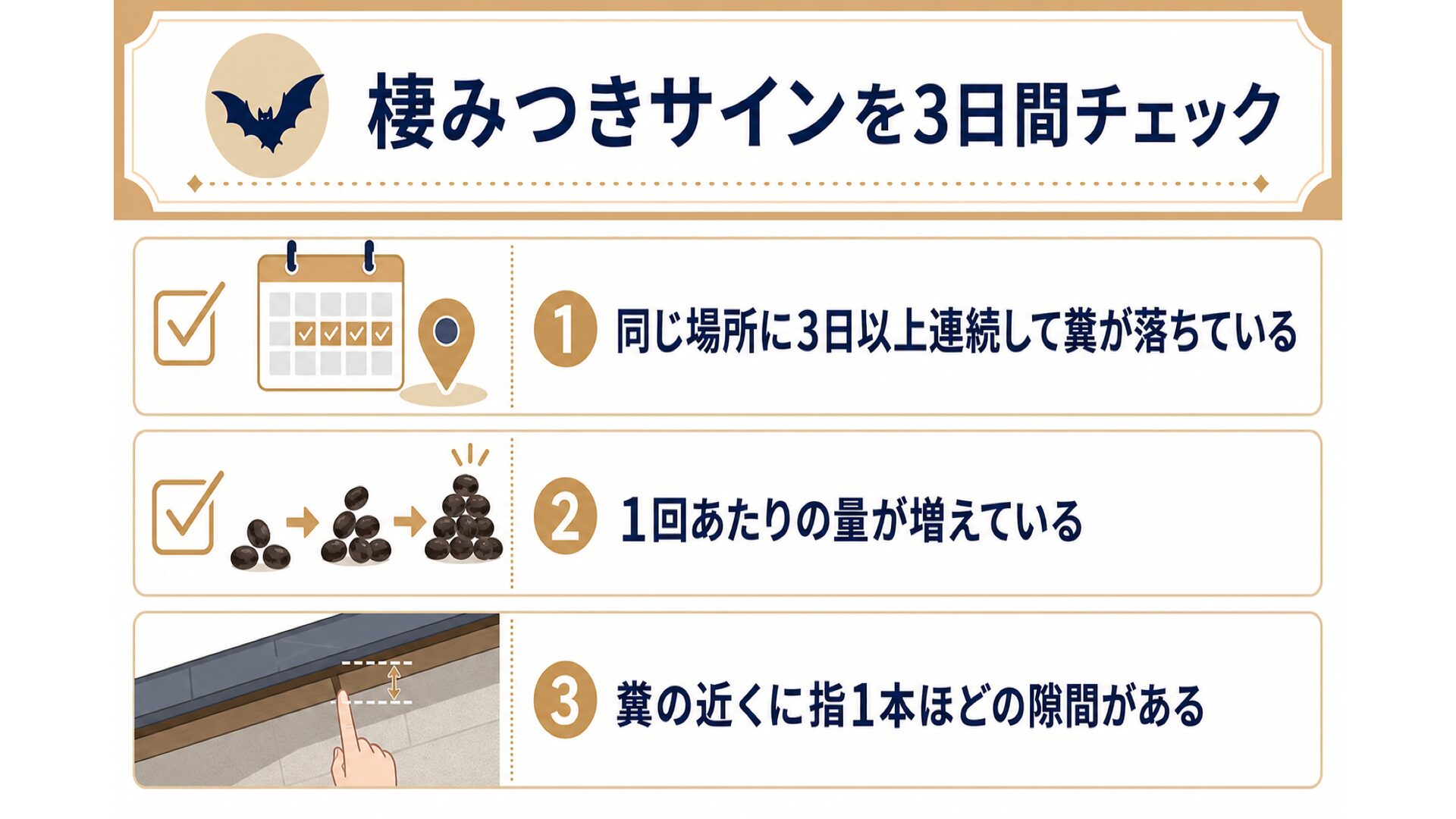 アブラコウモリの棲みつきサインを判断する3項目