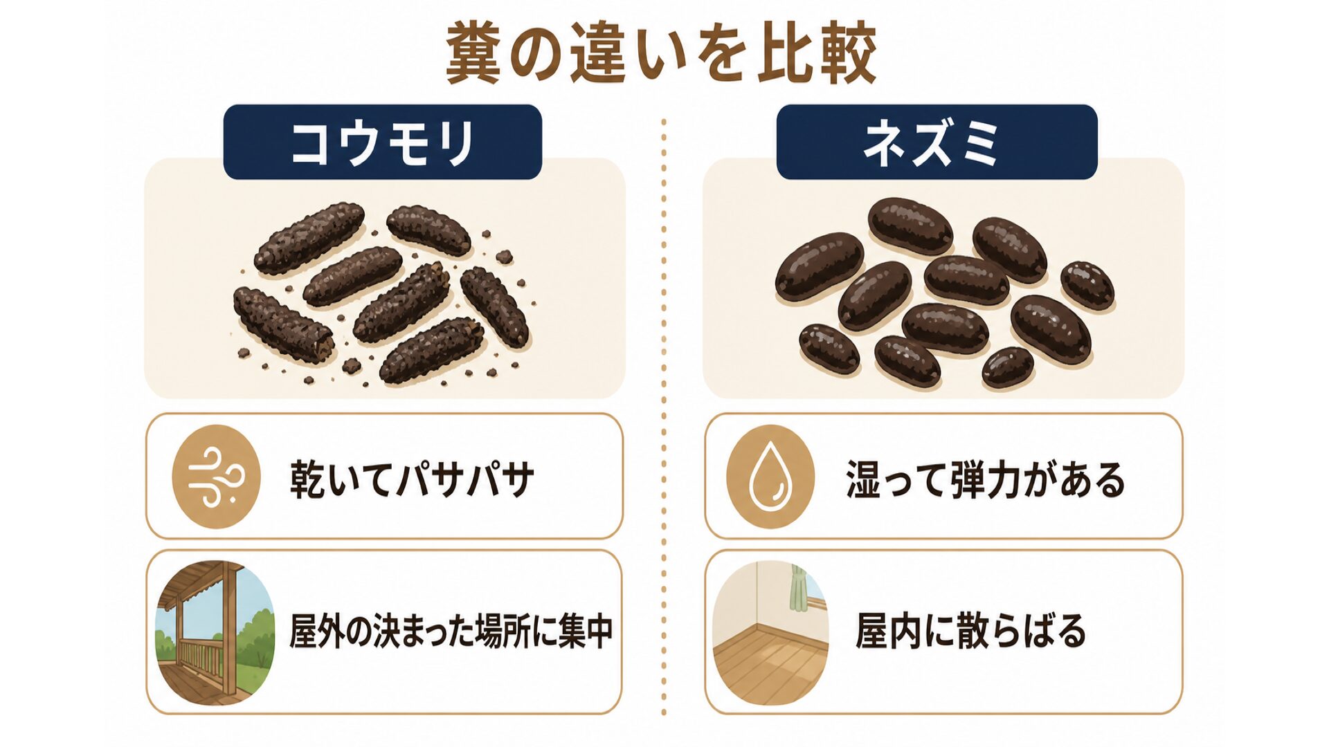 コウモリとネズミの糞の違い比較