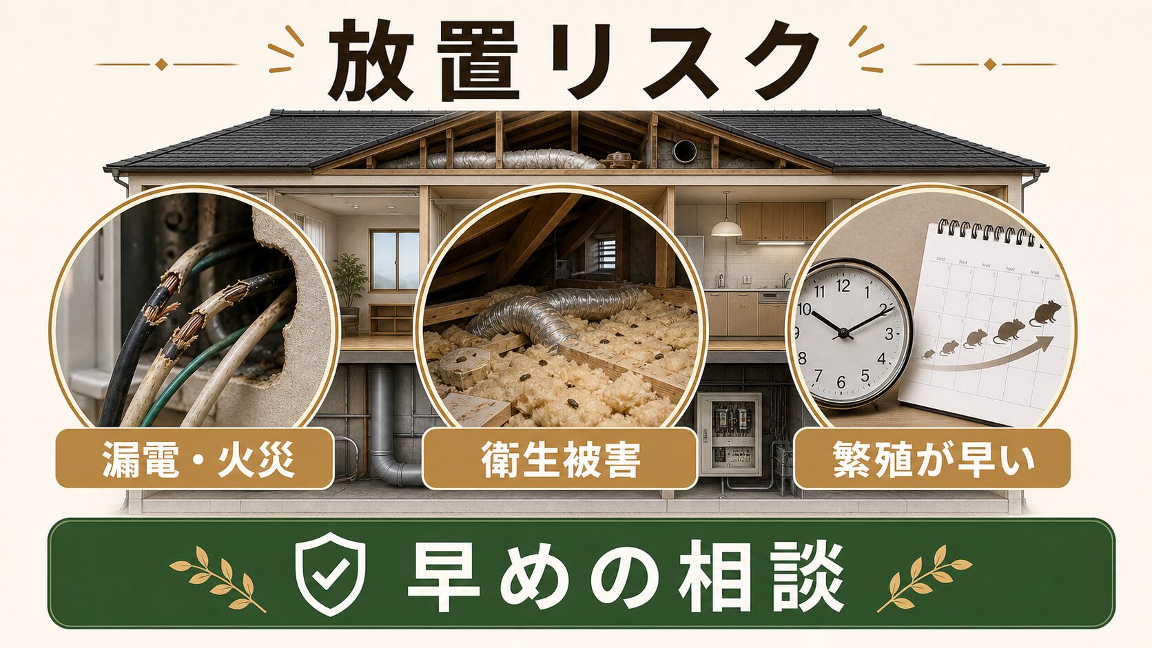 ネズミ被害を放置する3つのリスクのイメージ