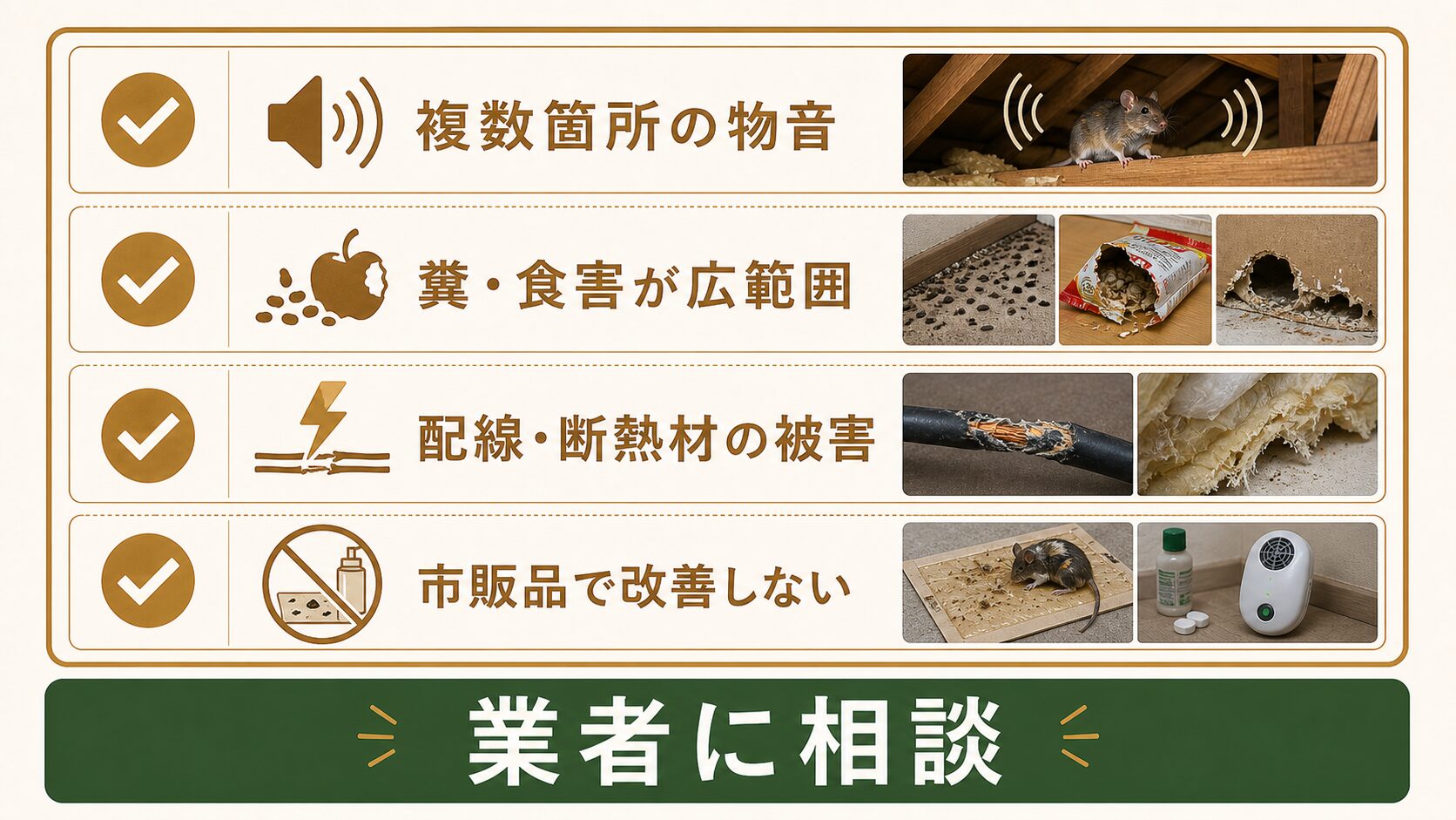 自宅のネズミ被害でよく見られる3つのサインのイメージ