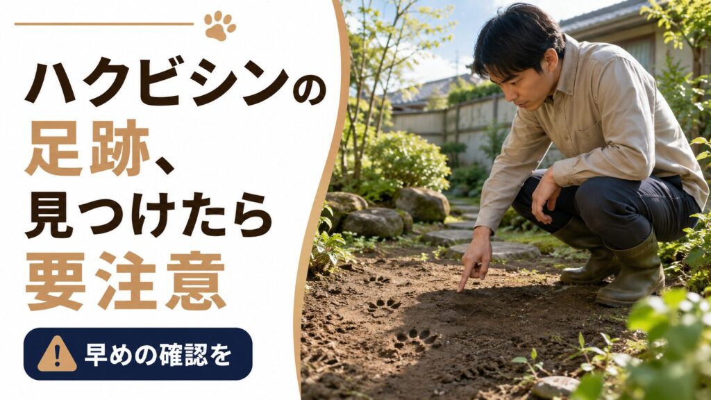 ハクビシンの足跡、見つけたら要注意。庭先で足跡を確認している様子
