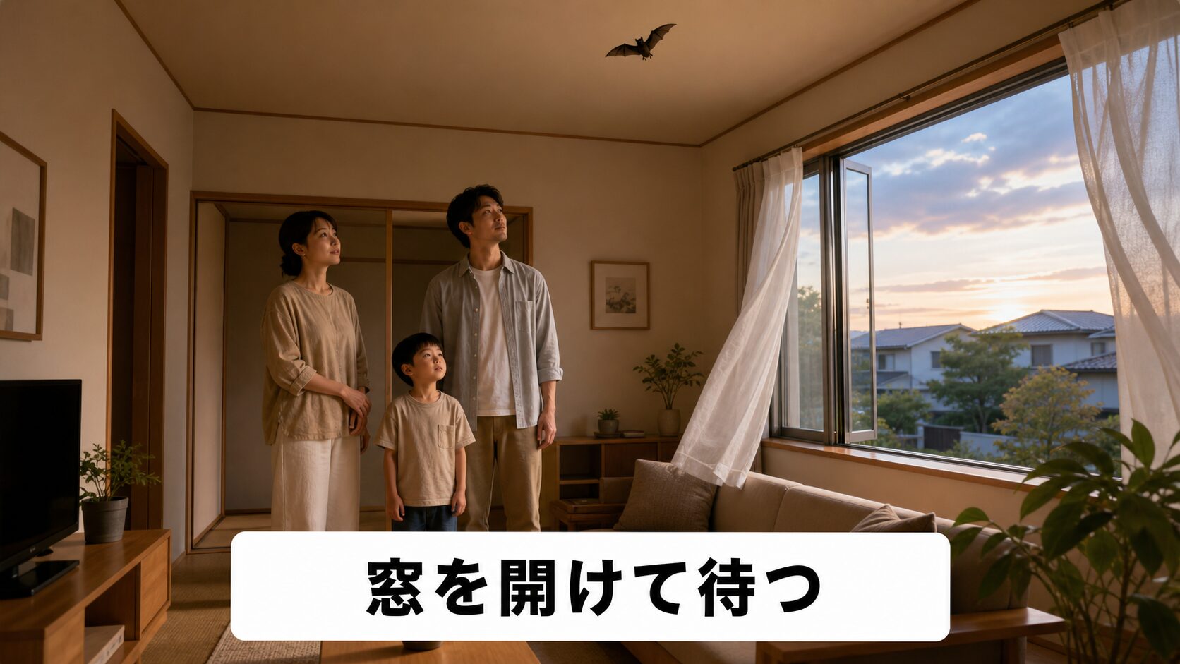 リビングでコウモリを見上げる家族。窓を開けて静かに待つ基本対応の様子