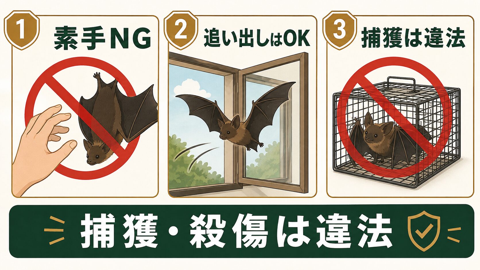 素手NG・追い出しはOK・捕獲は違法の3点を示す鳥獣保護管理法の解説図