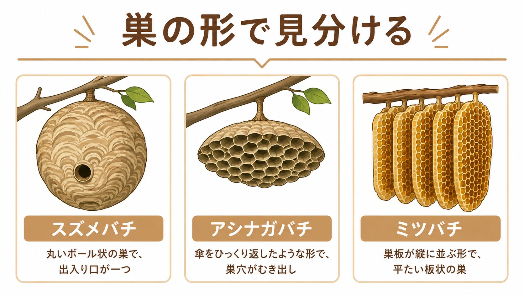 スズメバチ・アシナガバチ・ミツバチの巣の形の違いを示す比較イラスト