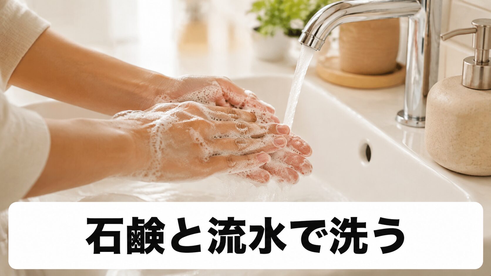 石鹸と流水で手を洗う応急処置の様子