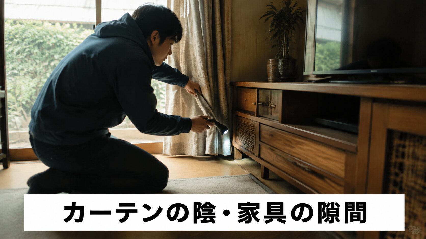 懐中電灯でカーテンの陰や家具の隙間を探している様子