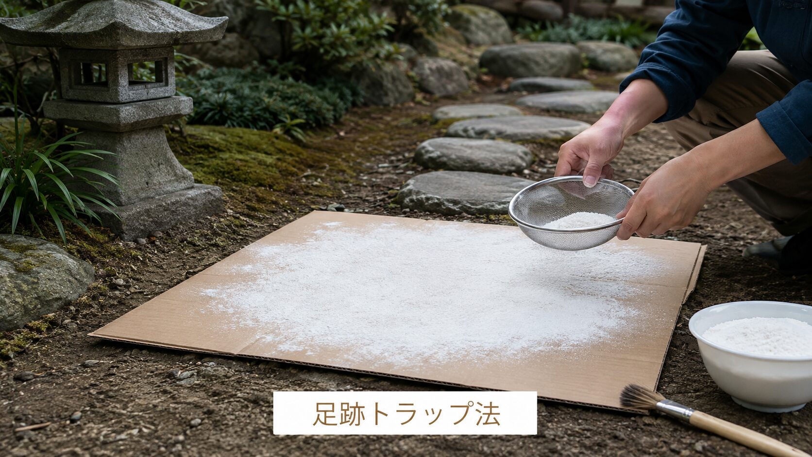環境省の足跡トラップ法を家庭で応用する準備の様子、庭先で粉と厚紙を使った足跡採取