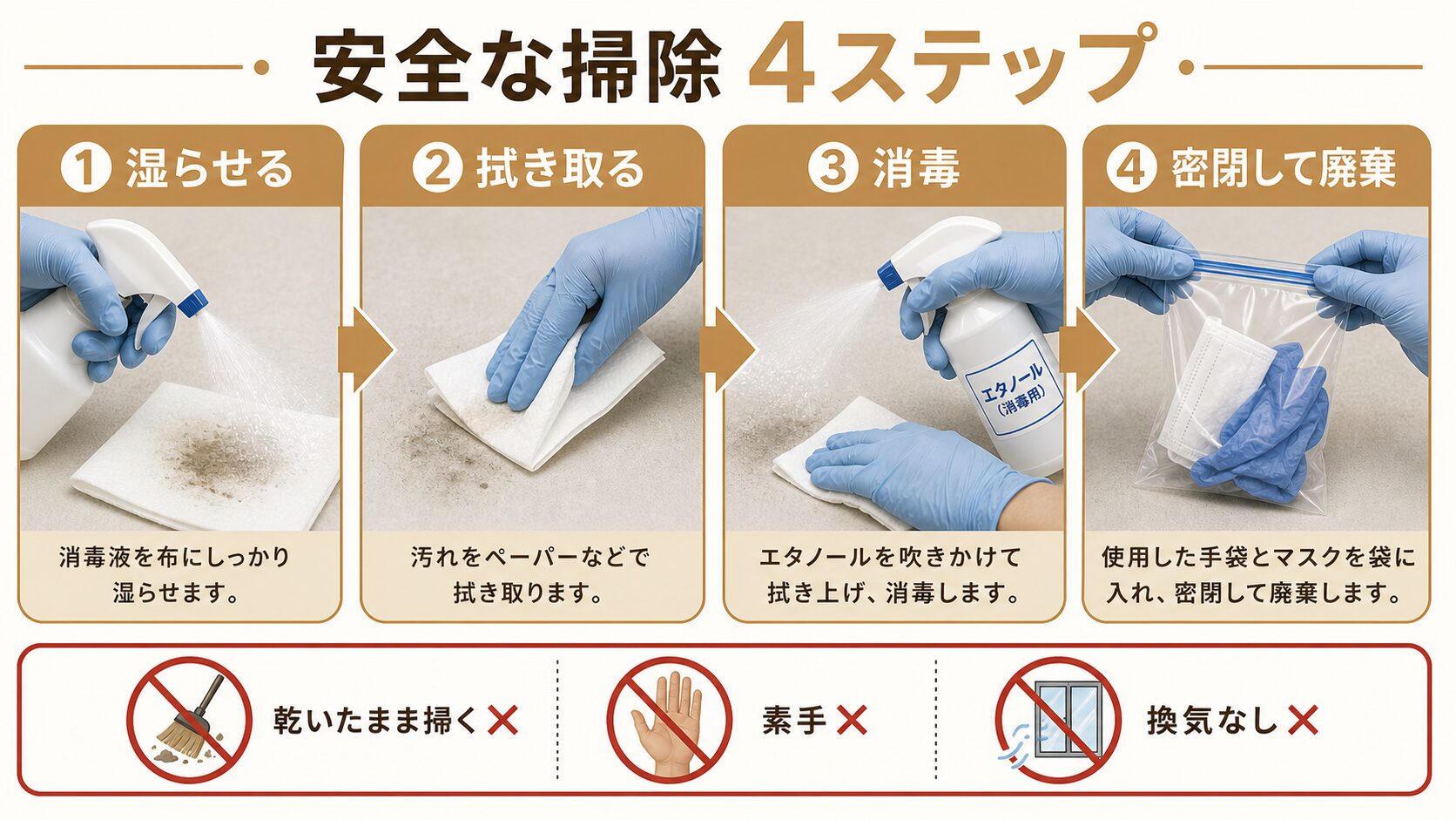 湿らせる・拭き取る・消毒・密閉廃棄の安全な掃除4ステップ