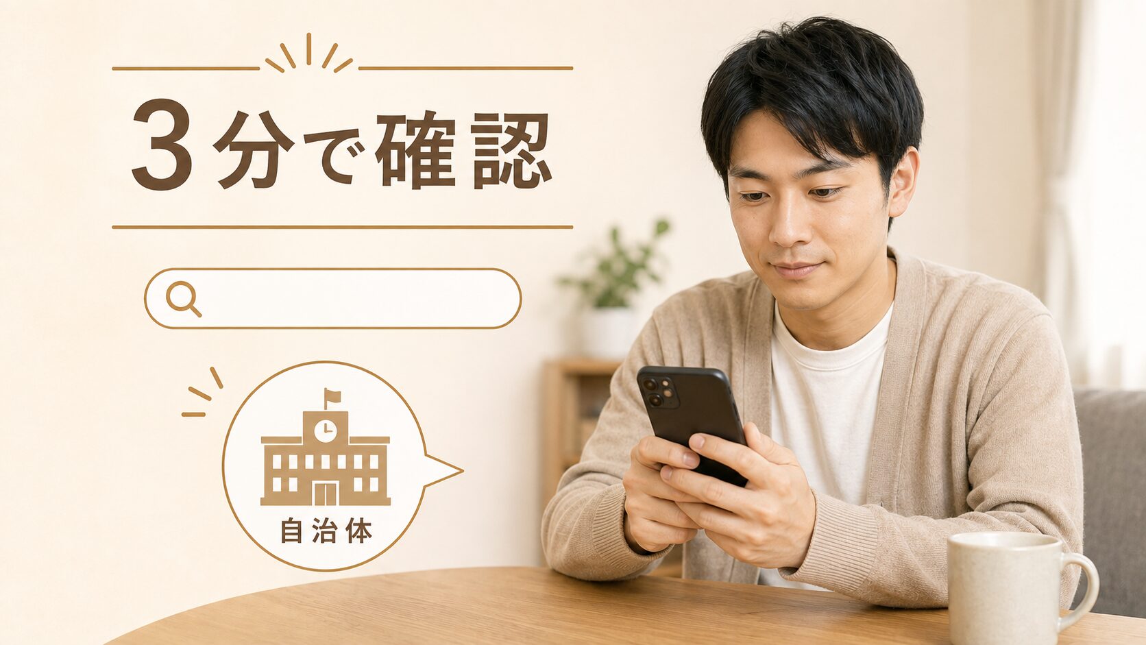 スマートフォンで自治体の補助金制度を検索する様子
