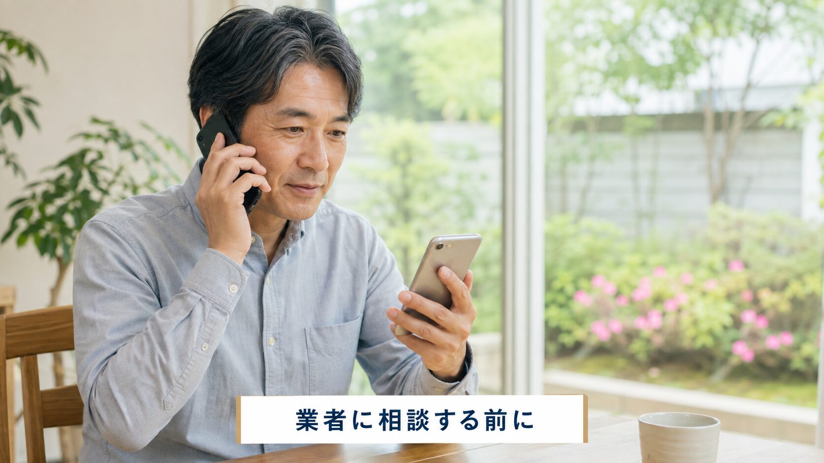 害獣駆除業者に電話で相談している様子