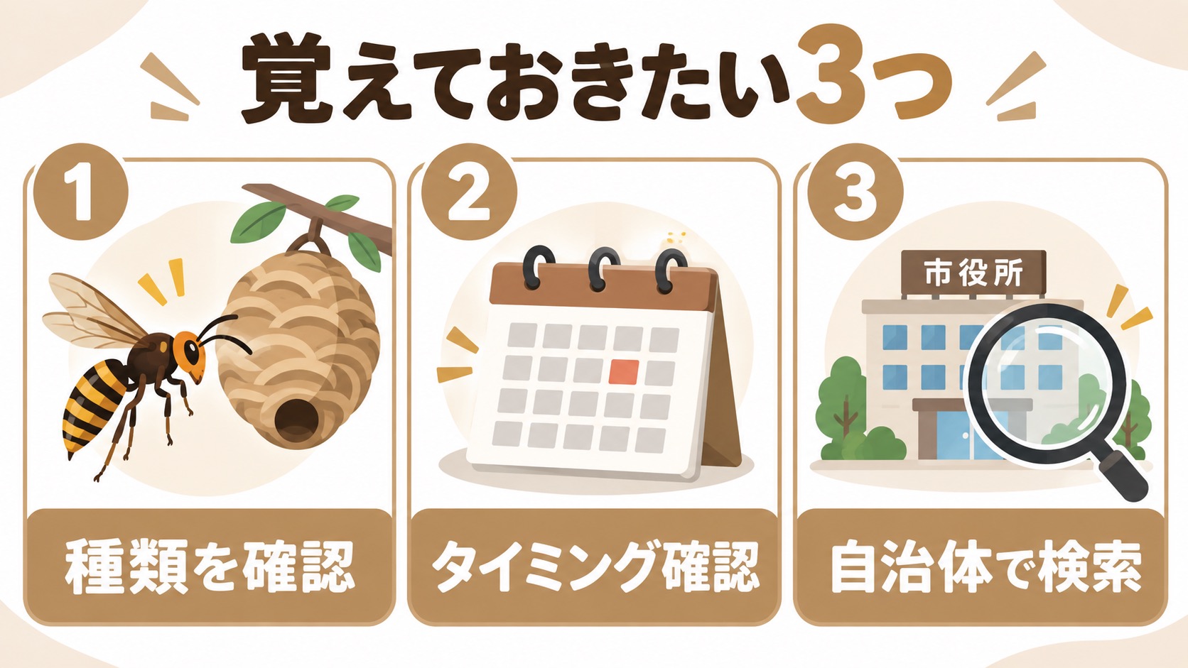 種類の確認・タイミング確認・自治体で検索という3つのまとめポイントの図解