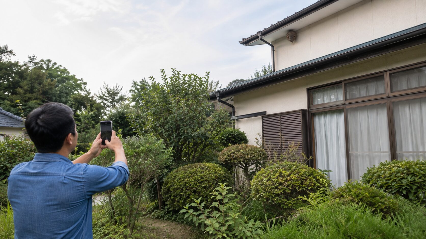 安全な距離からスマートフォンで蜂の巣を撮影する様子