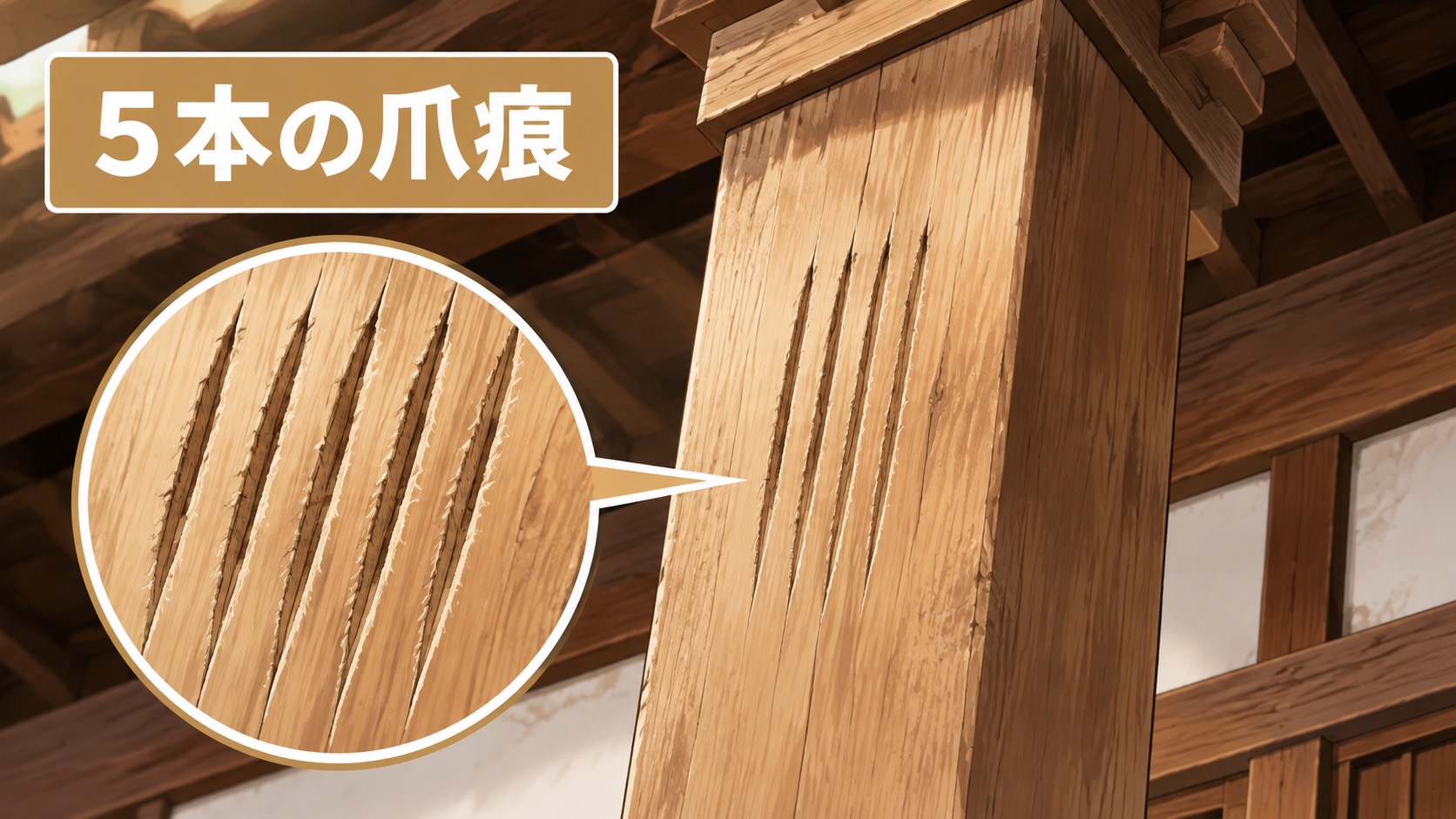 木造家屋の柱に残るハクビシンの5本の爪痕