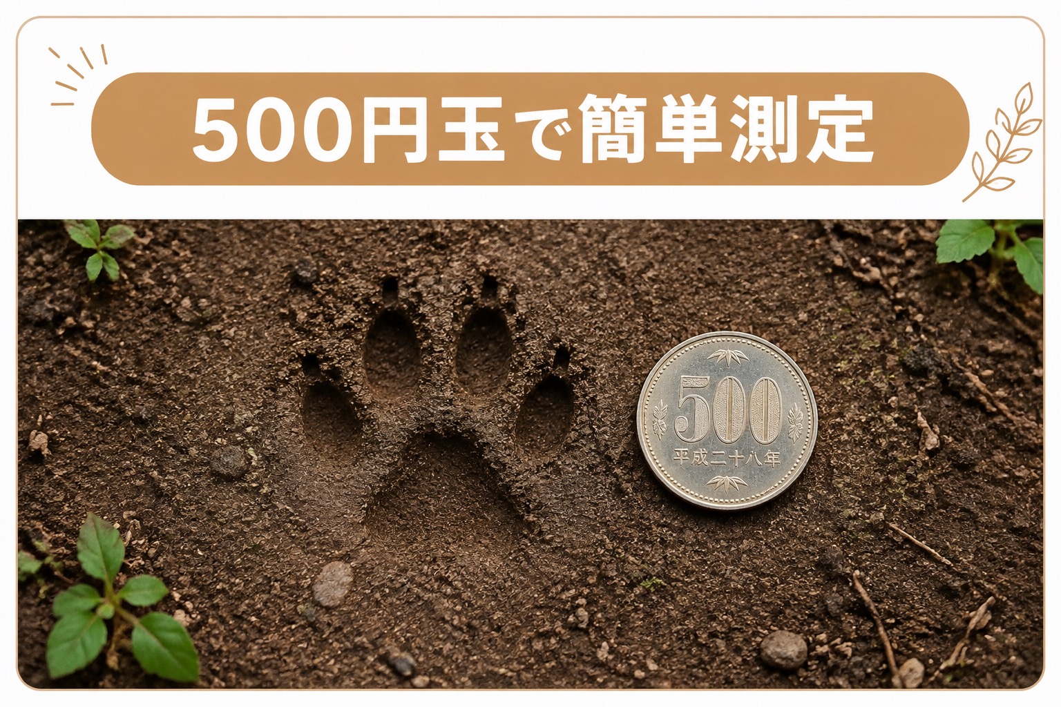 ハクビシンの足跡の横に500円玉を並べて大きさを測定する様子