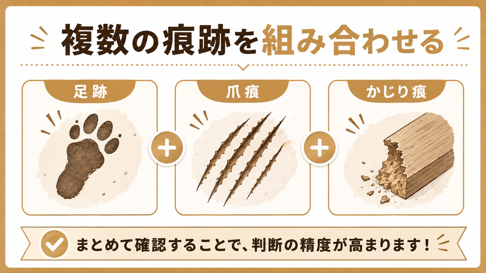 足跡・爪痕・かじり痕を組み合わせて判定精度を上げることを示す図解