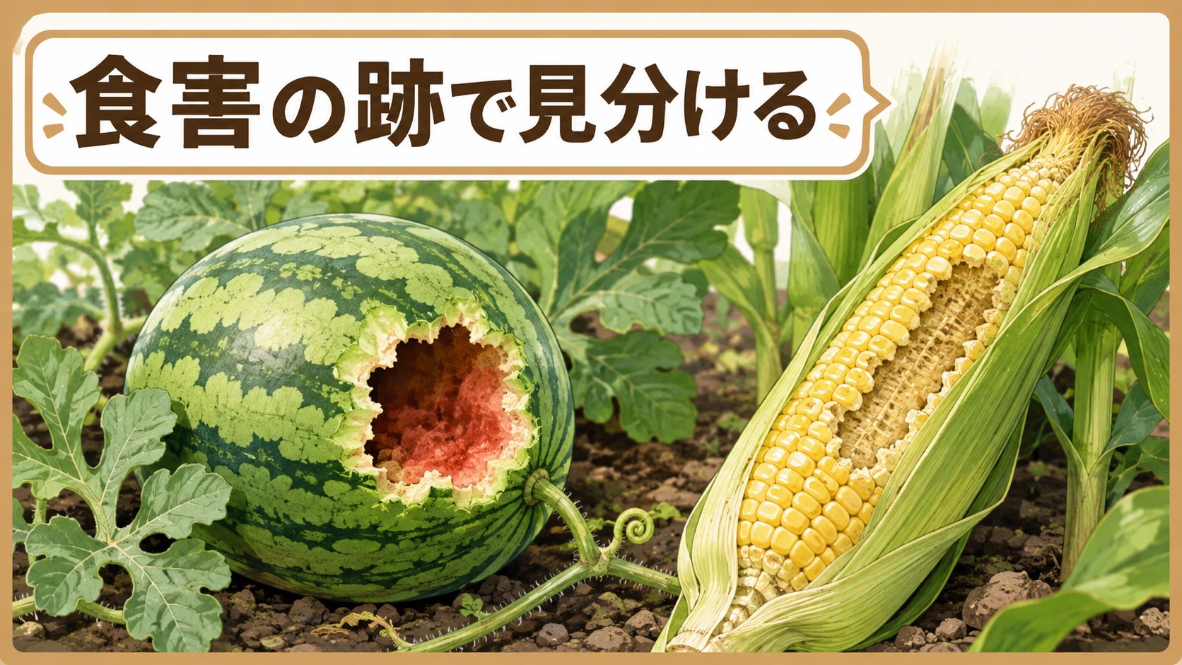 スイカやトウモロコシに残るハクビシンの食害の跡