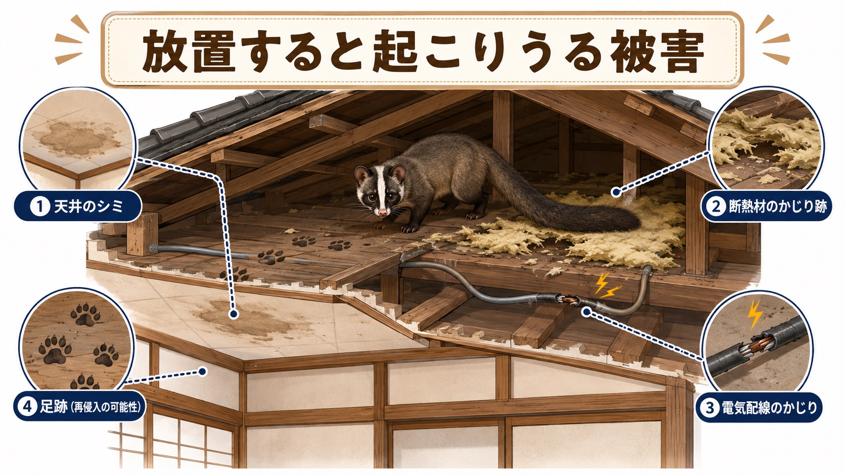 ハクビシンを放置すると起こる天井のシミ・断熱材のかじり跡・電気配線のかじり・再侵入の被害