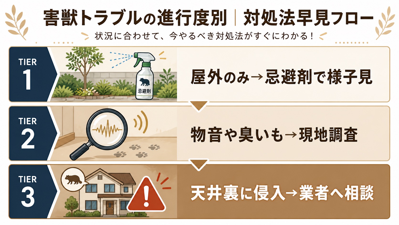 屋外のみは忌避剤、物音や臭いもあれば現地調査、天井裏侵入なら業者へ相談という3段階の対処フロー