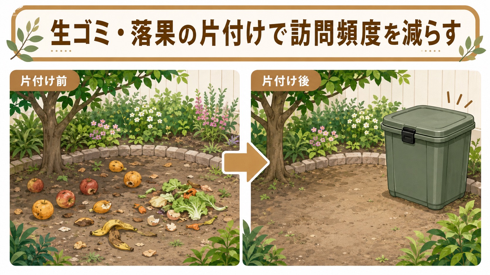 生ゴミや落果を片付ける前と後で庭のエサ場状態が変わる様子