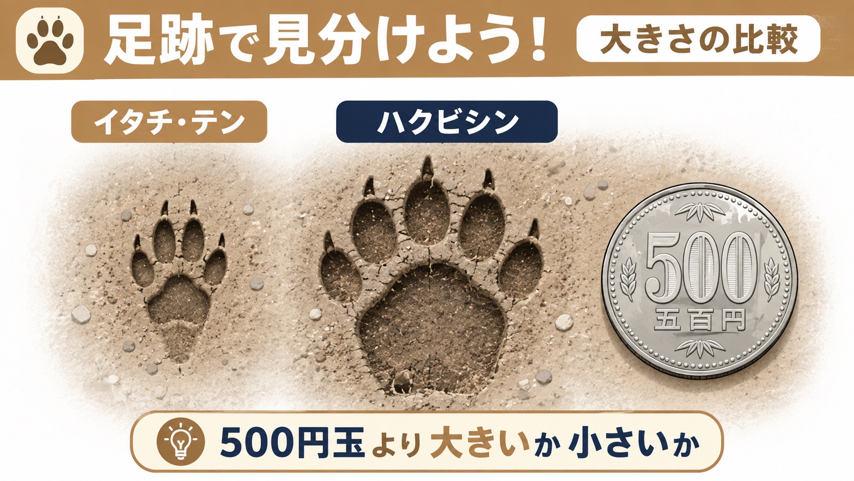 イタチ・テンの小さい足跡とハクビシンの大きい足跡を500円玉と比較した図解