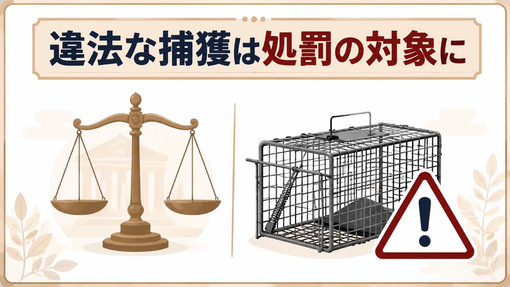 無許可の捕獲が処罰の対象になることを示す天秤とわなの図解