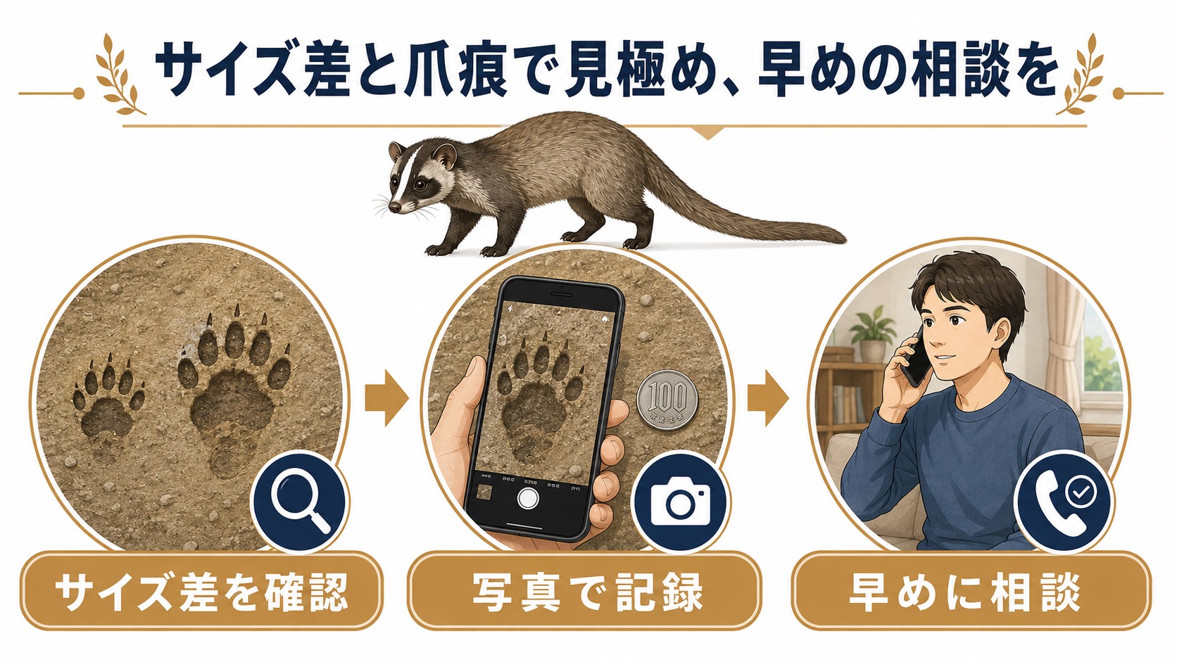 足跡のサイズ差を確認し、写真で記録し、早めに業者へ相談する3ステップを示す図解