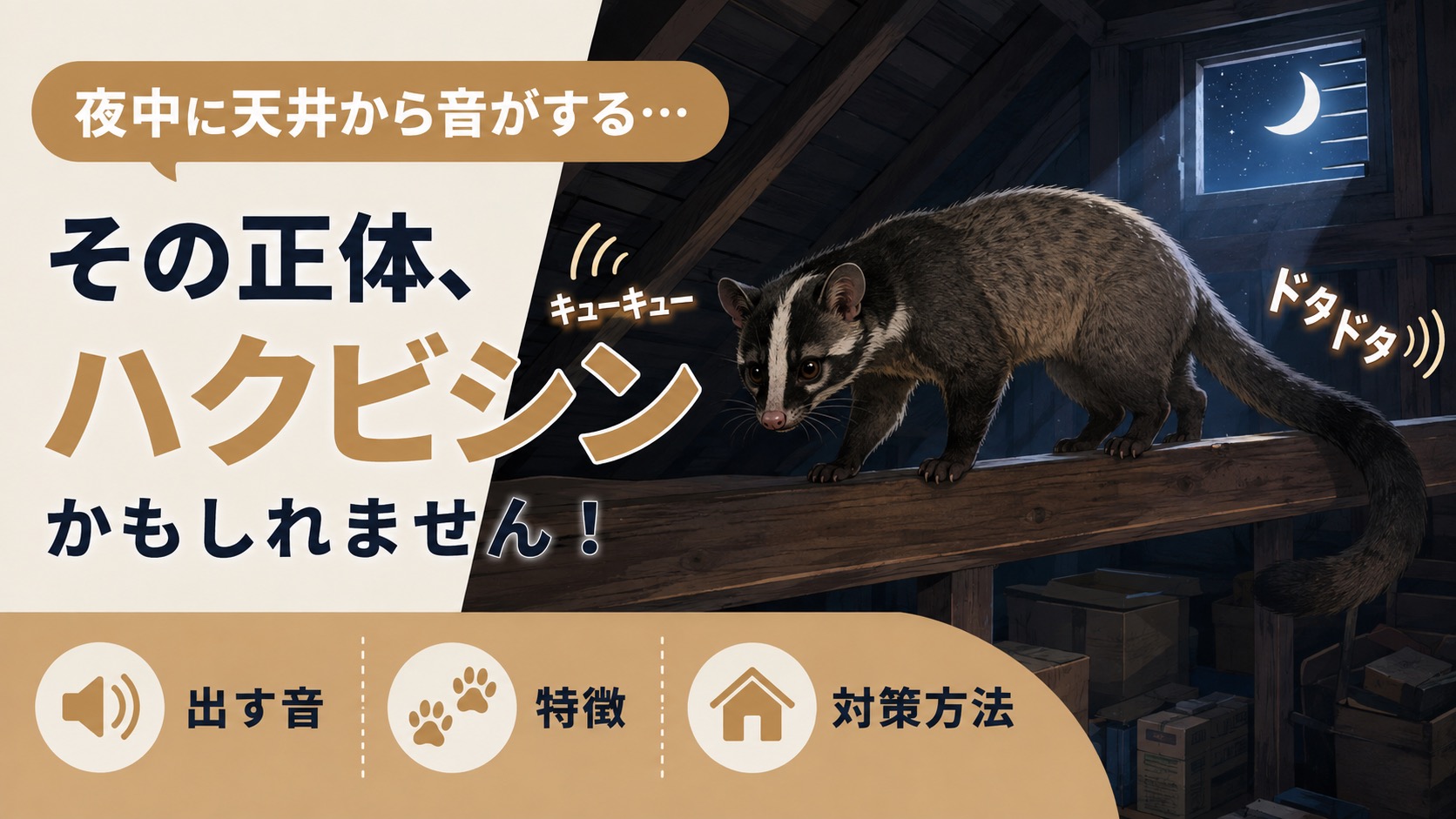 夜間に屋根裏の梁を歩くハクビシン、キューキューという鳴き声とドタドタという足音