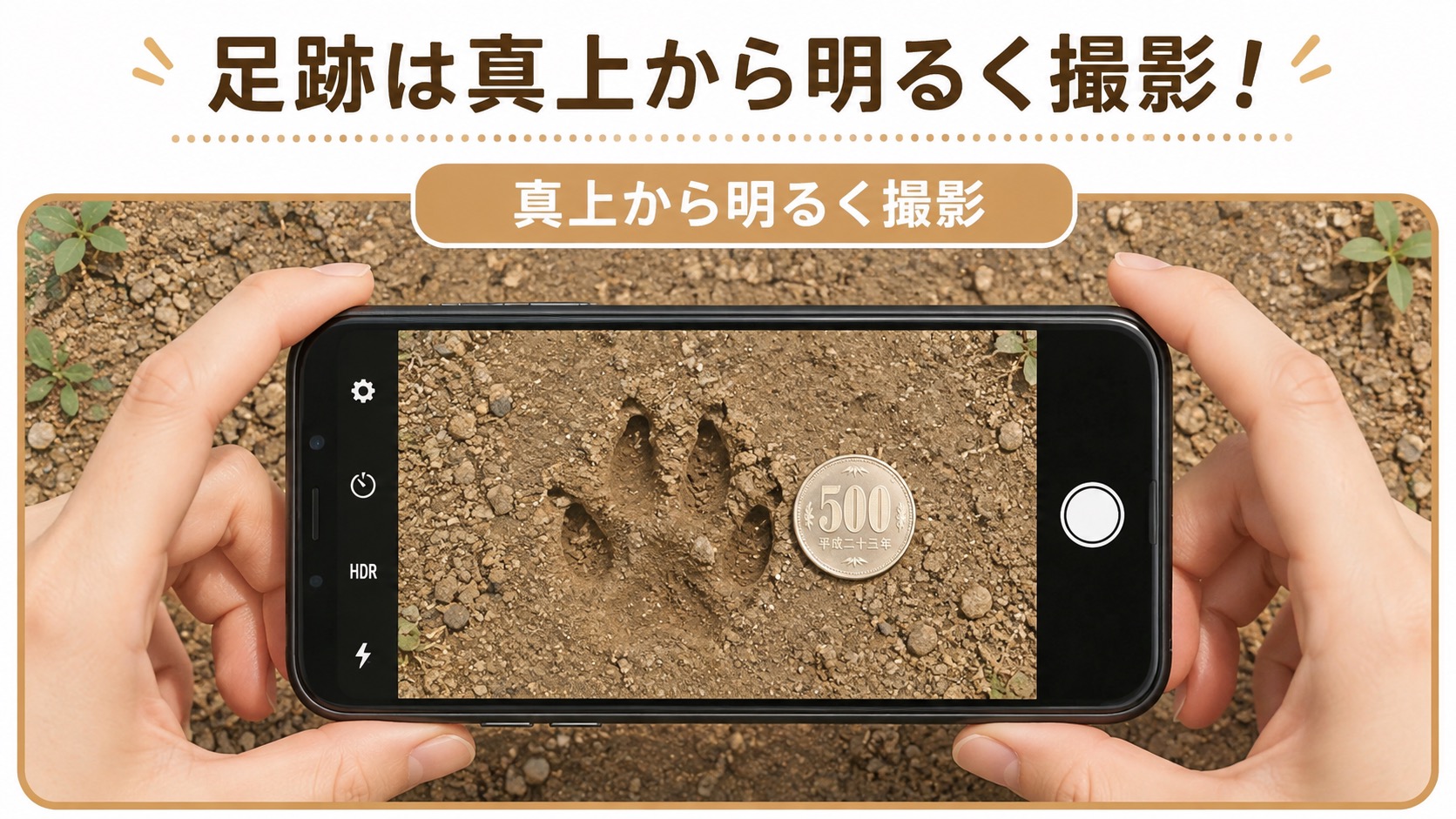足跡を真上から明るく撮影し500円玉で大きさを記録する様子