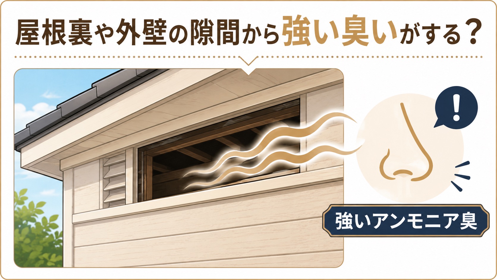 屋根裏や外壁の隙間から漂う強いアンモニア臭を示す図解