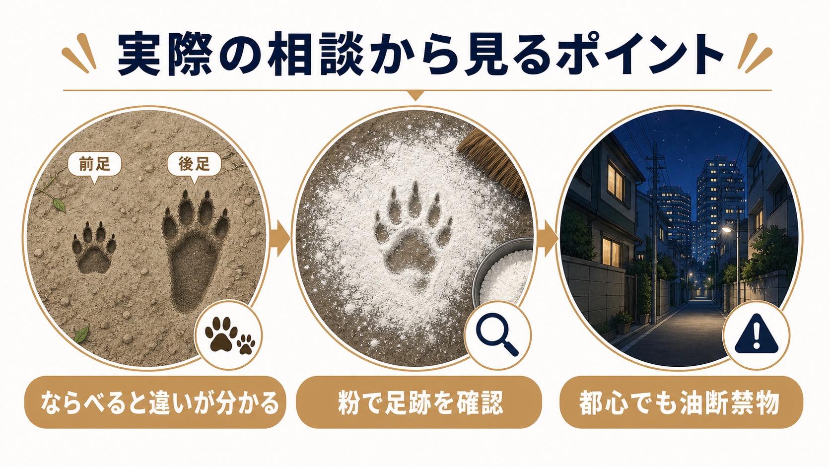 前足と後足の足跡を並べて確認し、粉で足跡を採取し、都心部でも油断できないことを示す3コマ図解