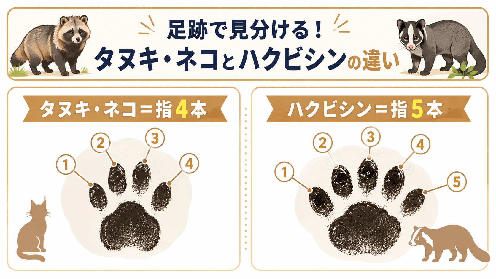 タヌキ・ネコの指4本の足跡とハクビシンの指5本の足跡を比較した図解
