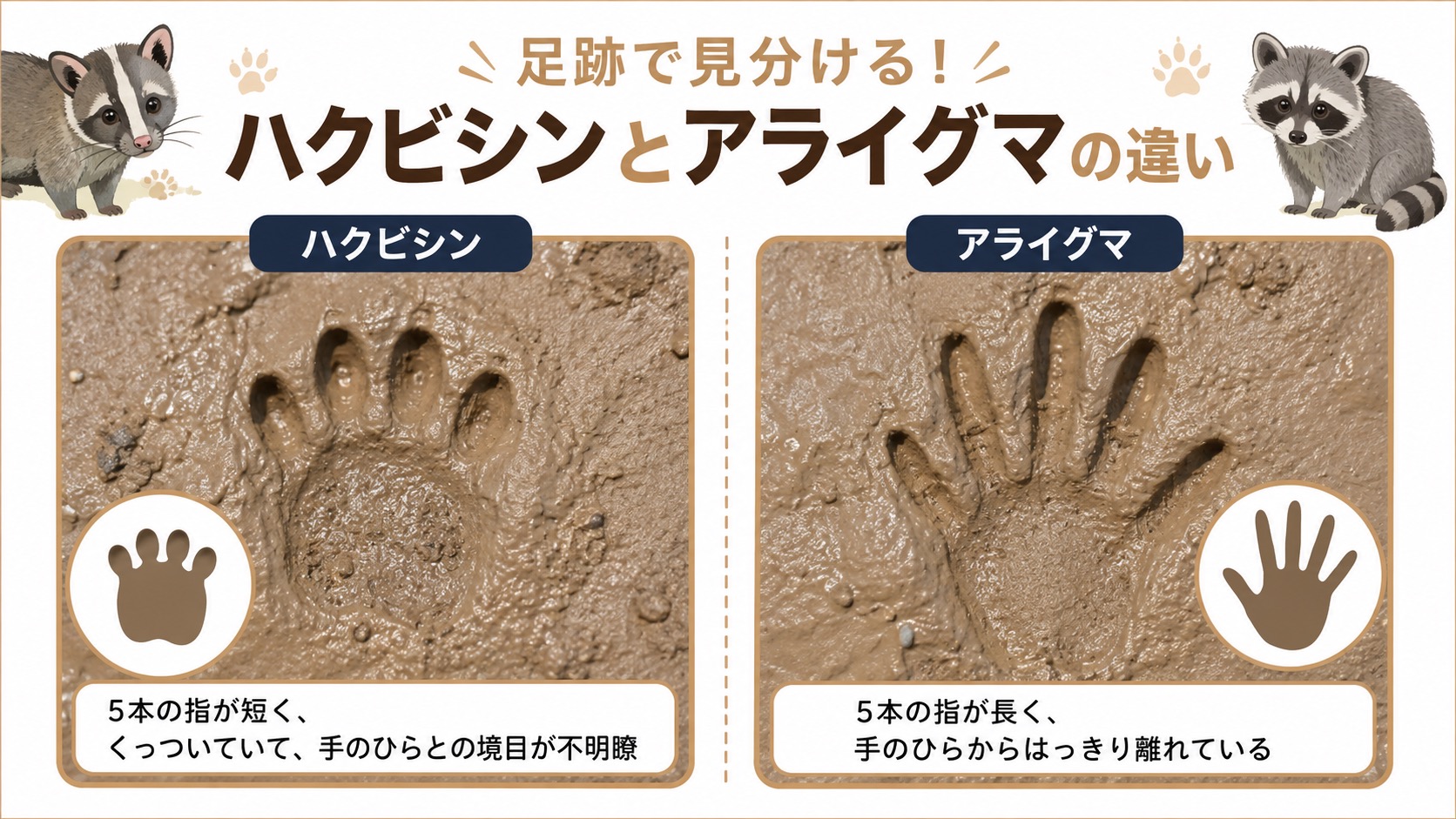 ハクビシンとアライグマの足跡比較、指と手のひらのつながり方の違い